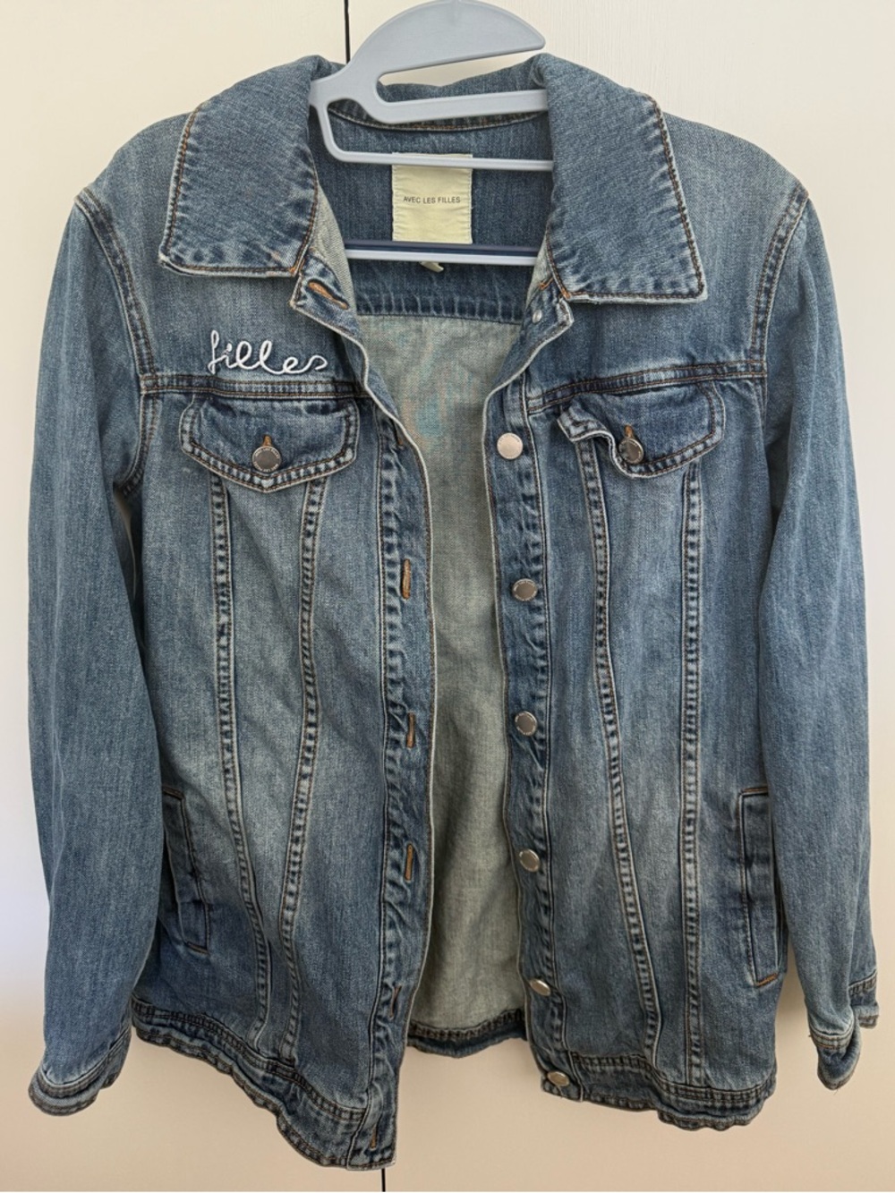 Avec Les Filles Light Blue Denim Jean Jacket with Embroidered Logo